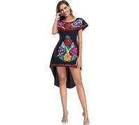 YZXDORWJ Women's Mexican Asymmetrical Dress Embroidered Floral Off-Shoulder Cocktail Latina Fiesta Dress, 23bk, XL