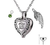 YZYSHA Custom Ashes Stainless Steel Vintage Flower Pattern Heart Cremation Jewelry Wings with Birthstone Urn Necklace