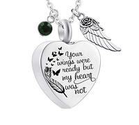 YZYSHA Heart Cremation Urn Necklace for Ashes Jewelry Angel Wing Colors Birthstone Memorial Keepsake Pendant - Your Wings Ready But Our Hearts were not
