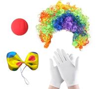 YZZT 4pcs Clown Costume Set Fun Kit with Rainbow Wig, Nose, Bow Tie, White Gloves for Halloween Party Cosplay Carnival Circus Show Clown Costume Supplies Childs Circus Costumes