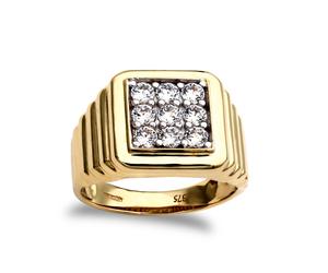 (Z+2) Jewelco London Men's 9ct Gold White Round Brilliant Cubic Zirconia 9 Stone Square Cluster Ribbed Signet Ring - JRN206