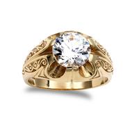 (Z+2) Jewelco London Men's Solid 9ct Yellow Gold White Round Brilliant Cubic Zirconia Solitaire Carved Gypsy Ring 10mm 4 Carats - JRN194