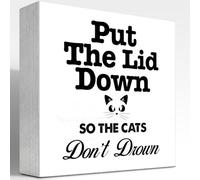 z-crange Put The Lid Down So The Cats Don't Drown Wood Box Sign Decor Desk Sign,Funny Bathroom Reminder Wooden Box Block Sign for Home Office Restroom Toilet Shelf Table Decor Decorations