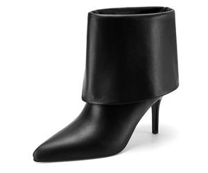 Z.Oufeier Women's Fold Over Boots Pointed Toe Stiletto High Heel Shark Ankle Boots Pull On Dressy Fall Short Booties, Black, 8 UK