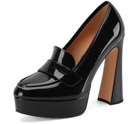 Z.Oufeier Women's Platform High Heel Loafers Round Closed Toe Chunky Heels Slip On Patent Leather Pumps Penny Loafer Dress Shoes, Black, 5.5 UK