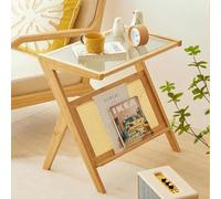 Z-shaped Rattan End Table with Magazine Rack and Glass Top, Space-saving Design for Living Room and Bedroom
