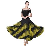Z&X Women's Ballroom Dance Skirt 6 Tiered Color Block Tulle Long Swing Dance Dress Latin Flamenco Skirt Yellow