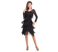 Z&X Women's Black Latin Ballroom Costume Tulle Neck Long Sleeve Fringe Party Dance Dress with Shorts