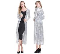 Z&X Women's Sparkling Sequin 1920s Cover Up Loose Open Front Long Sleeve Cardigan Coat Dress for Evening Party, 05 Silver, XXXL