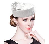 Z&X Women's Wool Fascinator Winter British Retro Pillbox Hat Wool Felt Church Wedding Cocktail Hat Veil Flower Fedoras Ivory White