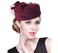 Z&X Women's Wool Fascinator Winter British Retro Pillbox Hat Wool Felt Church Wedding Cocktail Hat Veil Flower Fedoras Wine Red