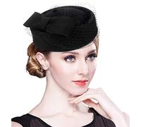 Z&X Women's Wool Fascinator Winter British Retro Pillbox Hat Wool Felt Church Wedding Cocktail Hat Veil Bowknot Fedoras Black