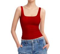 Z1-Red Women's Square Neck Lightweight Stretch Slim Fit Seamless Sleeveless Gym Yoga Tank Tops Ladies Casual Cotton Vests (L)
