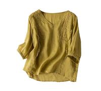 Z1 Women's Summer Cotton Linen Blouse Floral Tops Ladies T-Shirts Vintage Embroidery Tunic V Neck Loose Swing Tops Plus Size Floaty Tee Shirts - Elegant Party Evening Wedding (Yellow, L)