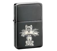 z23 Cute Cat Kitten Pewter design on a BLACK flip top petrol lighter windproof