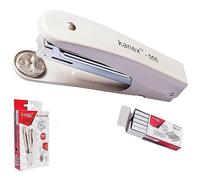 Z555 Metal Half Strip Stapler, WHITE Body + 1000 Staples, 30 Sheets Stapling, Tacking, Reload Indicator, 24/6 - 26/6 Staples, iZOFAX Black Ball Pen