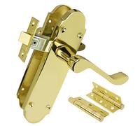 Z75 Shaped Scroll Door Handle Pack, Brass, 63mm Latch, 3 Inch Hinges - Handlestore