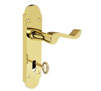 Z76 Victorian Scroll Lock Door Handles, Brass, Shaped, 168 X 42mm - Handlestore