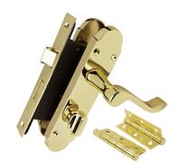 Z77 Scrolled Bathroom Door Handle Set, Brass, 63mm Sashlock, 3" Hinge - Handlestore
