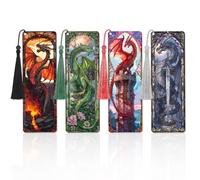 Zaamwoyy 4 Pcs Stained Glass Dragon Bookmarks Gifts for Women Men, Transparent PVC Bookmark with Tassels, Cool Book Lovers Accessories, Unique Reading Book Marks for Bookish Office School