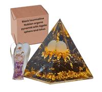 ZAARIYA Black Tourmaline Nubian Orgone Pyramid With Agate Sphere, lotus & an Angel for Chakra Energy Healing, Yoga, Meditation, Room Decor, New year & Good Luck Gifting (4.5x3x3 Inches)
