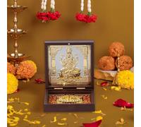 ZAARIYA Laxmi Pocket Temple for Pooja Room I Gold Plated Decorative Photo Frame & Charan Paduka for Hindu Gifting - 4.5 x 4.5 x 1.5 Inches (Brown)