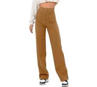 ZAbina Women's Casual High Waist Stretch Pants Wide Flexi Pants Multiple Pockets Straight Leg Pants(Brown,XL)