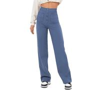 ZAbina Women's Casual High Waist Stretch Pants Wide Flexi Pants Multiple Pockets Straight Leg Pants(Blue,XL)