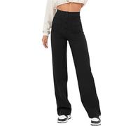 ZAbina Women's Casual High Waist Stretch Pants Wide Flexi Pants Multiple Pockets Straight Leg Pants(Black,L)