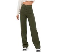ZAbina Women's Casual High Waist Stretch Pants Wide Flexi Pants Multiple Pockets Straight Leg Pants(Dark Green,L)