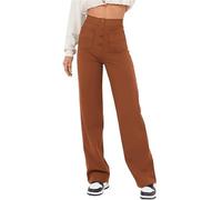 ZAbina Women's Casual High Waist Stretch Pants Wide Flexi Pants Multiple Pockets Straight Leg Pants(Dark Brown,L)