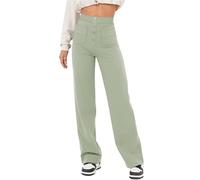 ZAbina Women's Casual High Waist Stretch Pants Wide Flexi Pants Multiple Pockets Straight Leg Pants(Light Green,L)