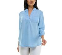 Zac & Rachel Women's Tencel Long Sleeve Pull Over Top with Front Chest Pocket, Collar Neck and Adjustable Button Up Neckline, Light Wash, XL