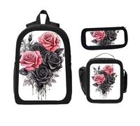 ZaCosy Beautiful Gothic Paper Rose Backpack with Lunch Box Pencil Set 3 Women Men, Multi4, 17x12.6 x5.1in