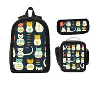 ZaCosy cats style retro Backpack with Lunch Box Pencil Case Set 3 Women Men