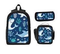 ZaCosy cute sharks seahorses fish and sea plants fabric textile kids Backpack with Lunch Box Pencil Set 3 Women Men, Multi4, 17x12.6 x5.1in, Traditional Backpacks