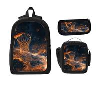 ZaCosy Orange and Black Basketball and Net Space Stars Cosmic Scene Backpack with Lunch Box Pencil Set 3 Women Men
