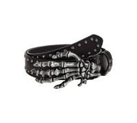 Zac's Alter Ego Black PU Studded Belt with Skelton Hand Buckle with Diamante Stone - Gothic Fashion Alternative Belt