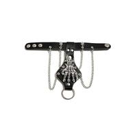 Zac's Alter Ego Gothic Punk Skull Bracelet, Black Leather Chain Wristband with Silver Skeleton Hand Charm, Halloween Rock Style Accessory, Unisex