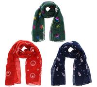 Zac's Alter Ego Set of 3 Ladies Lightweight Assorted Colour Christmas Rainbow Foil Snowflakes/Snowmen & Reindeer Festive Print Scarves