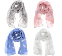 Zac's Alter Ego Set of 4 Ladies Lightweight Silver Foil Large Feather Print Scarves