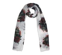 Zac's Alter Ego Skulls, Roses & Thorns Printed Scarf, Gothic Design with Red Roses and Skull Pattern, Lightweight Fashion Accessory (White)