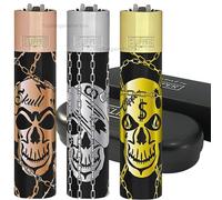 Zactly - 1 x Metal Clipper Lighter Set DEADLY CHAIN SKULLS Design with Gift Box Tin Case, Gas Refillable Rare - LIMITED EDITION