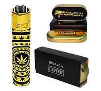 Zactly - 1 x Metal Clipper Lighter with Gift Box Tin Case - LIMITED EDITION (LEAVES PATTERN GOLD)