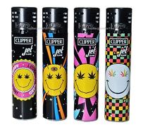 Zactly 4 x Clipper Jet Lighter Set SMILEY Rare Black Top Windproof Gas Refillable Rare Limited Edition