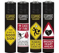 Zactly - 4 x Clipper Lighter FUNNY SIGNS SAYINGS Design Set Gas Refillable Lighters Standard Size Replaceable Flint Rare Limited Edition