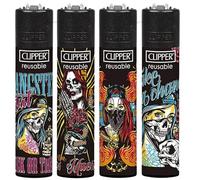Zactly - 4 x Clipper Lighter Set Gas Refillable Windproof Lighters Standarad Size Replaceable Flint Rare Limited Edition (Skulls)