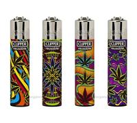 Zactly - 4 x Clipper Lighter Set NEON LV 6 Rare Design Gas Refillable Standard Size Lighters Replaceable Flint - Limited Edition