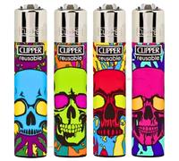 Zactly - 4 x Clipper Lighters COLOURFUL SKULLS 1 Design Set, Gas Refillable Flint Rare - Limited Edition