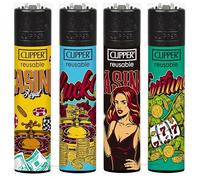 Zactly - 4 x Clipper Lighters FORTUNA RETRO BETS CASINO Design Set, Gas Refillable Flint Rare - Limited Edition